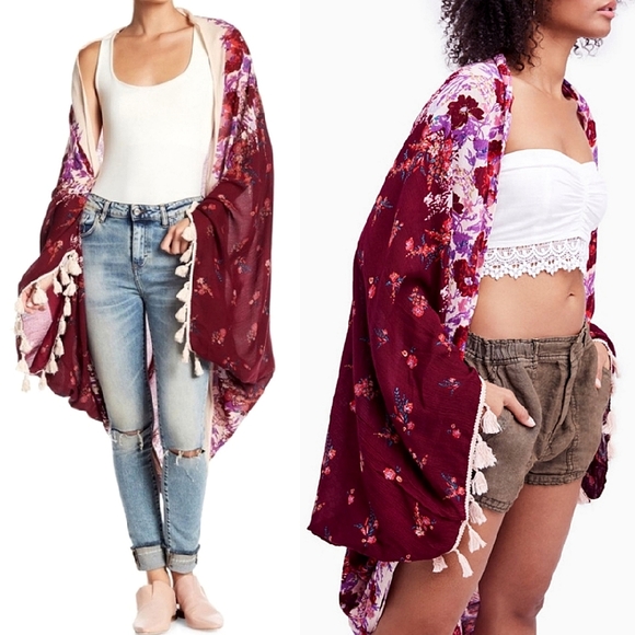 Sale! 🌺 Free People Floral Red, Ruby, Pink Floral Tassel Kimono, One Size - Picture 4 of 14